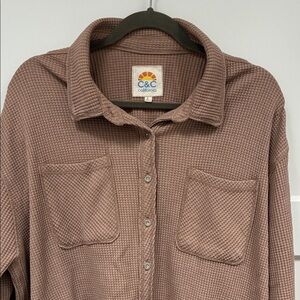 C&C California Waffle Knit Button-Down Shirt - Mauve Brown